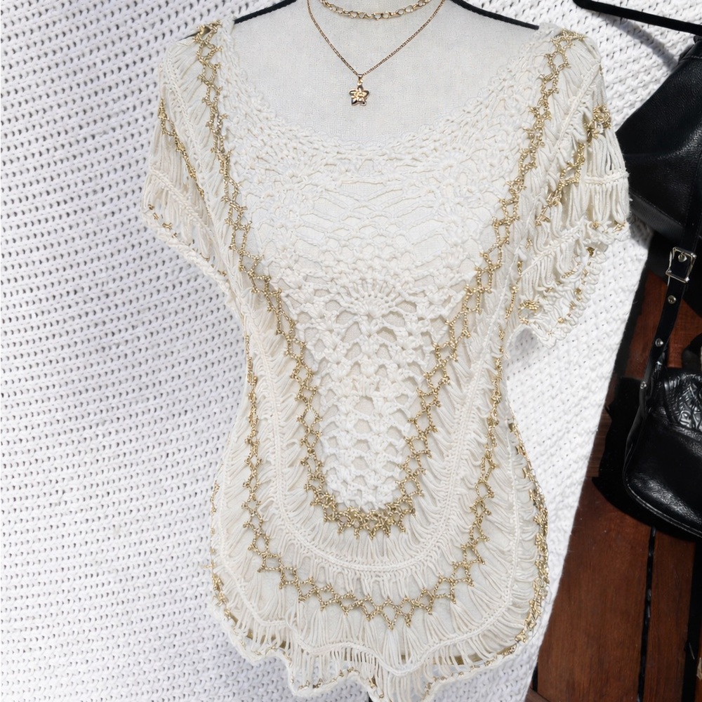 Elegant Cream and Gold Crochet Swim Coverup